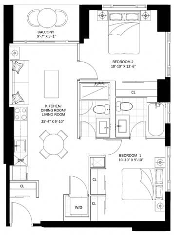 Floor plan for 2 beds, 2 baths, 704 sqft